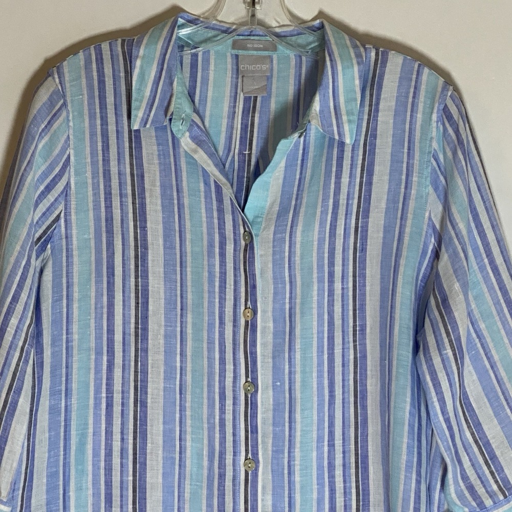 Chicos Top Womens 1 Medium Blue Multi Striped 100% Linen Button Up Boho Nice M - Picture 2 of 16